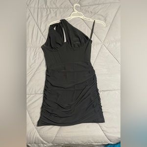 Black one shoulder dress with slit in the front dress